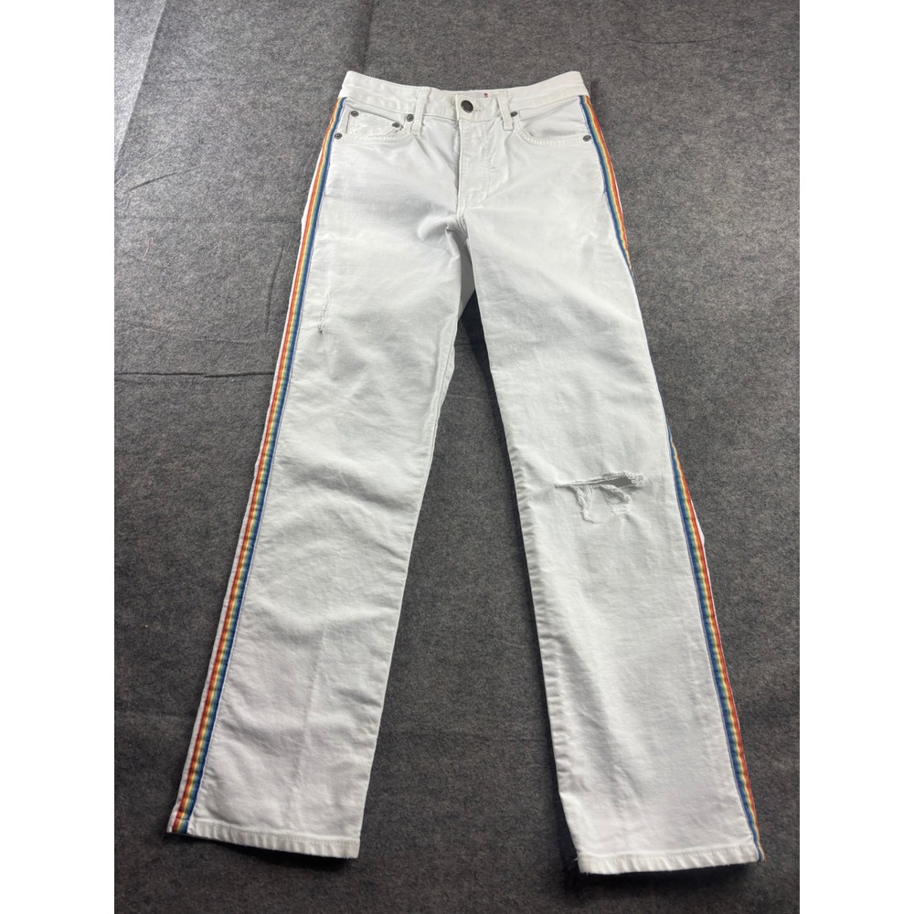 Sundry White Rainbow Side Stripe Distressed Straight Leg Jeans Size 24